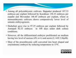 • Among all polyembryonic cultivars. Bappakai produced 187.33
embryos per explant followed by Kurukkan 158.33 embryos per
expalnt and Movandan 146.45 embryos per explant, where as
monoembryonic cultivars shows comparatively lower level of
somatic embryogenesis.
• Dashehari gave rise to 97.25 embryos per explant followed by
Amrapali 82.33 embryos in 100 days under dark culture
conditions.
• However, all the differentiated embryos proliferated on medium
having low level of sucrose (4% w/v) and auxin (2, 4-D 2.26μM).
• Most of the proembryonic calli converted into heart shaped and
cotyledonary embryos by reducing temperature to 15oC.

 