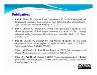 Publications
•

Pati R, Mishra M, Chandra R and Muthukumar M (2013). Histological and
biochemical changes in Aegle marmelos Corr. before and after acclimatization.
Tree Genetics and Molecular Breeding. 3(3): 12-18.

•

Pati R, Chandra R, Chauhan UK, Mishra M and Srivastiva N (2008). In vitro
clonal propagation of bael (Aegle marmelos Corr.) cv. CISHB1 through
enhanced axillary branching. Physiology and Molecular Biology of Plants.
14(4): 337-346.

•

Pati R, Chandra R, Chauhan UK and Mishra M (2008). In vitro plant
regeneration from mature explant of Aegle marmelos Corr.) CV. CISH-B2.
Science and Culture. 74(9-10): 359-367.

•

Mishra, M. Chandra, R., Pati, R. and Bajpai, A. (2007). Micropropagation of
Guava (Psidium guajava L.). Acta Horticulturae, 735: 155-158.

•

Mishra M, Pati R and Chandra R (2006). Clonal micropropagation of Indian
gooseberry (Emblica officinalis Gaertn). Indian Journal of Genetics and Plant
Breeding. 66(4): 361-361.

 