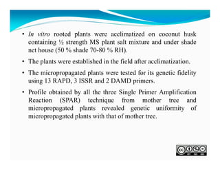• In vitro rooted plants were acclimatized on coconut husk
containing ½ strength MS plant salt mixture and under shade
net house (50 % shade 70-80 % RH).
• The plants were established in the field after acclimatization.
• The micropropagated plants were tested for its genetic fidelity
using 13 RAPD, 3 ISSR and 2 DAMD primers.
• Profile obtained by all the three Single Primer Amplification
Reaction (SPAR) technique from mother tree and
micropropagated plants revealed genetic uniformity of
micropropagated plants with that of mother tree.

 