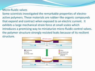 Micro-fluidic valves
Some scientists investigated the remarkable properties of electro-
active polymers. These materials are rubber-like organic compounds
that expand and contract when exposed to an electric current. It
exhibits a large mechanical strain force at small scales which
introduces a promising way to miniaturize micro-fluidic control valves.
the polymer structure strongly resisted leaks because of its resilient
structure.
 