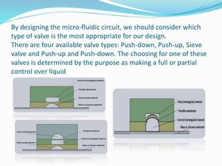 By designing the micro-fluidic circuit, we should consider which
type of valve is the most appropriate for our design.
There are four available valve types: Push-down, Push-up, Sieve
valve and Push-up and Push-down. The choosing for one of these
valves is determined by the purpose as making a full or partial
control over liquid
 