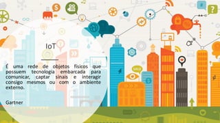 IoT
É uma rede de objetos físicos que
possuem tecnologia embarcada para
comunicar, captar sinais e interagir
consigo mesmos ou com o ambiente
externo.
Gartner
 