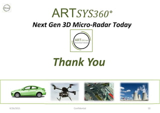 4/26/2015 Confidential 10
Thank You
ARTSYS 360°
Advanced Radar Technologies
ARTSYS360°
Next Gen 3D Micro-Radar Today
 