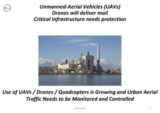 Confidential 2
Unmanned-Aerial Vehicles (UAVs)
Drones will deliver mail
Critical Infrastructure needs protection
Use of UAVs / Drones / Quadcopters is Growing and Urban Aerial
Traffic Needs to be Monitored and Controlled
 