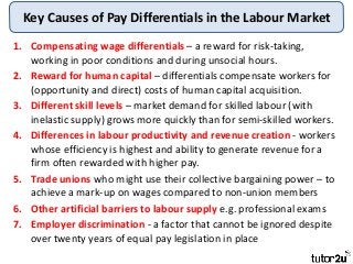 Key Causes of Pay Differentials in the Labour Market
1. Compensating wage differentials – a reward for risk-taking,
working in poor conditions and during unsocial hours.
2. Reward for human capital – differentials compensate workers for
(opportunity and direct) costs of human capital acquisition.
3. Different skill levels – market demand for skilled labour (with
inelastic supply) grows more quickly than for semi-skilled workers.
4. Differences in labour productivity and revenue creation - workers
whose efficiency is highest and ability to generate revenue for a
firm often rewarded with higher pay.
5. Trade unions who might use their collective bargaining power – to
achieve a mark-up on wages compared to non-union members
6. Other artificial barriers to labour supply e.g. professional exams
7. Employer discrimination - a factor that cannot be ignored despite
over twenty years of equal pay legislation in place
 