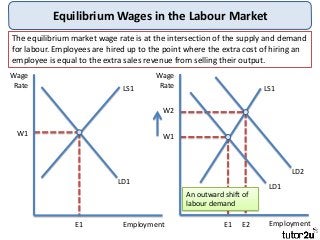 Equilibrium Wages in the Labour Market
The equilibrium market wage rate is at the intersection of the supply and demand
for labour. Employees are hired up to the point where the extra cost of hiring an
employee is equal to the extra sales revenue from selling their output.
Wage
Rate
Employment
LS1
W1
E1
Wage
Rate
Employment
LS1
W1
W2
E1 E2
LD1
LD1
LD2
An outward shift of
labour demand
 