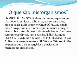 O que são microrganismos?
Os MICRORGANISMOS são seres muito pequenos que
não podem ser vistos a olho nu e, para enxergá-los,
precisa-se da ajuda de um MICROSCÓPIO, que nada
mais é do que um instrumento que aumenta a imagem
de um objeto através de um sistema de lentes. Dentre os
seres microscópicos, tem-se as BACTÉRIAS, alguns
FUNGOS (leveduras e bolores), os PROTOZOÁRIOS, as
ALGAS microscópicas e os VÍRUS (estes últimos são tão
pequenos que para enxergá-los é preciso usar
microscópio eletrônico).
 