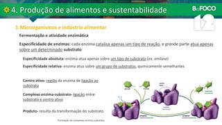 Fermentação e atividade enzimática
Especificidade de enzimas: cada enzima catalisa apenas um tipo de reação, e grande parte atua apenas
sobre um determinado substrato
Especificidade absoluta- enzima atua apenas sobre um tipo de substrato (ex. amílase)
Especificidade relativa- enzima atua sobre um grupo de substratos, quimicamente semelhantes
Centro ativo- região da enzima de ligação ao
substrato
Complexo enzima-substrato- ligação entre
substrato e centro ativo
Formação do complexo enzima-substrato.
Produto- resulta da transformação do substrato
 
