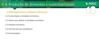 1.1 Fermentação e atividade enzimática
1.2 Fatores que afetam a atividade enzimática
1.3 Inibição enzimática
1.4 Controle de vias metabólicas
1.5 Fermentações
 