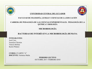 UNIVERSIDAD CENTRAL DEL ECUADOR
FACULTAD DE FILOSOFÍA, LETRAS Y CIENCIAS DE LA EDUCACIÓN
CARRERA DE PEDAGOGÍA DE LAS CIENCIAS EXPERIMENTALES. PEDAGOGÍA DE LA
QUÍMICA Y BIOLOGÍA
MICROBIOLOGÍA
BACTERIAS DE INTERÉS EN LA MICROBIOLOGÍA HUMANA
INTEGRANTES:
José Coro
Josselyn Chicaiza
Vinicio Molina
Karen Pilataxi
CURSO: CUARTO “A”
DOCENTE: Verónica Maila
PERIODO LECTIVO
OCTUBRE 2017- FEBRERO 2018
 