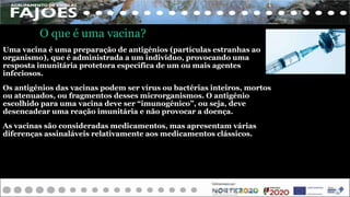 O que é uma vacina?
Uma vacina é uma preparação de antigénios (partículas estranhas ao
organismo), que é administrada a um indivíduo, provocando uma
resposta imunitária protetora específica de um ou mais agentes
infeciosos.
Os antigénios das vacinas podem ser vírus ou bactérias inteiros, mortos
ou atenuados, ou fragmentos desses microrganismos. O antigénio
escolhido para uma vacina deve ser “imunogénico”, ou seja, deve
desencadear uma reação imunitária e não provocar a doença.
As vacinas são consideradas medicamentos, mas apresentam várias
diferenças assinaláveis relativamente aos medicamentos clássicos.
 