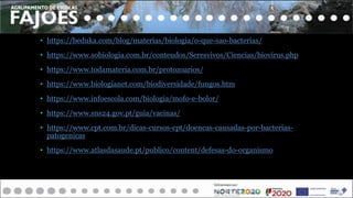 • FONTES:
• https://pt.slideshare.net/carlagomes1972/microrganismos-35402921
• https://beduka.com/blog/materias/biologia/o-que-sao-bacterias/
• https://www.sobiologia.com.br/conteudos/Seresvivos/Ciencias/biovirus.php
• https://www.todamateria.com.br/protozoarios/
• https://www.biologianet.com/biodiversidade/fungos.htm
• https://www.infoescola.com/biologia/mofo-e-bolor/
• https://www.sns24.gov.pt/guia/vacinas/
• https://www.cpt.com.br/dicas-cursos-cpt/doencas-causadas-por-bacterias-
patogenicas
• https://www.atlasdasaude.pt/publico/content/defesas-do-organismo
 