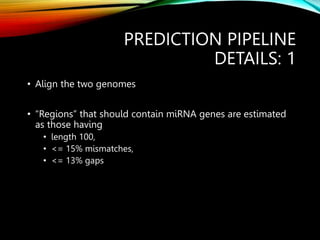 PREDICTION PIPELINE
DETAILS: 1
• Align the two genomes
• “Regions” that should contain miRNA genes are estimated
as those having
• length 100,
• <= 15% mismatches,
• <= 13% gaps
 