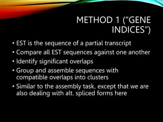 METHOD 1 (“GENE
INDICES”)
• EST is the sequence of a partial transcript
• Compare all EST sequences against one another
• Identify significant overlaps
• Group and assemble sequences with
compatible overlaps into clusters
• Similar to the assembly task, except that we are
also dealing with alt. spliced forms here
 