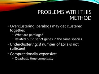 PROBLEMS WITH THIS
METHOD
• Overclustering: paralogs may get clustered
together.
• What are paralogs?
• Related but distinct genes in the same species
• Underclustering: if number of ESTs is not
sufficient
• Computationally expensive:
• Quadratic time complexity
 