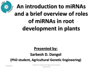 An introduction to miRNAs
and a brief overview of roles
of miRNAs in root
development in plants
Presented by:
Sarbesh D. Dangol
(PhD student, Agricultural Genetic Engineering)
3/30/2016
Sarbesh D. Dangol, PhD Agricultural Genetic
Engineering
 