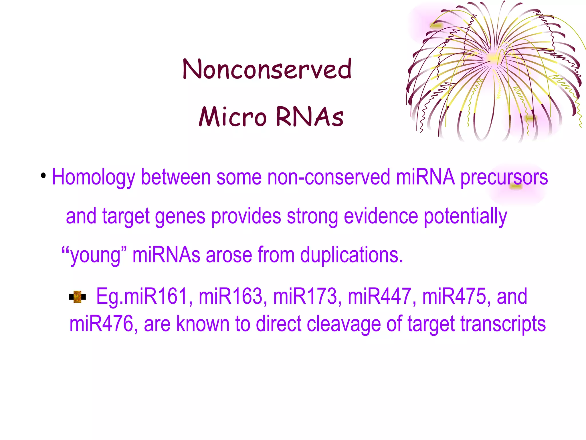 Nonconserved
                  Micro RNAs

• Homology between some non-conserved miRNA precursors
  and target genes provides strong evidence potentially
  “young” miRNAs arose from duplications.
      Eg.miR161, miR163, miR173, miR447, miR475, and
   miR476, are known to direct cleavage of target transcripts
 