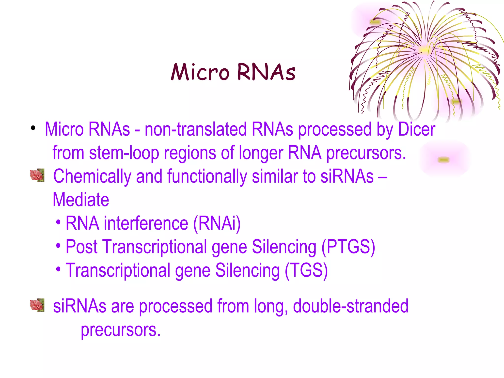 Micro RNAs

• Micro RNAs - non-translated RNAs processed by Dicer
   from stem-loop regions of longer RNA precursors.
   Chemically and functionally similar to siRNAs –
   Mediate
    • RNA interference (RNAi)
    • Post Transcriptional gene Silencing (PTGS)
    • Transcriptional gene Silencing (TGS)
   siRNAs are processed from long, double-stranded
      precursors.
 