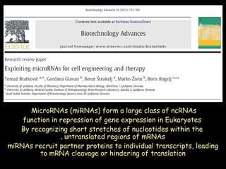 MicroRNAs (miRNAs) form a large class of ncRNAs
function in repression of gene expression in Eukaryotes
By recognizing short stretches of nucleotides within the
, untranslated regions of mRNAs
miRNAs recruit partner proteins to individual transcripts, leading
to mRNA cleavage or hindering of translation

 