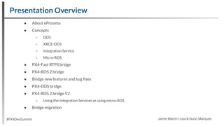 Presentation Overview
● About eProsima
● Concepts
○ DDS
○ XRCE-DDS
○ Integration Service
○ Micro-ROS
● PX4-Fast RTPS bridge
● PX4-ROS 2 bridge
● Bridge new features and bug ﬁxes
● PX4-DDS bridge
● PX4-ROS 2 bridge V2
○ Using the Integration Services or using micro-ROS
● Bridge migration
#PX4DevSummit Jaime Martin Losa & Nuno Marques
 