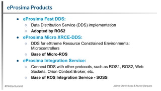 eProsima Products
● eProsima Fast DDS:
○ Data Distribution Service (DDS) implementation
○ Adopted by ROS2
● eProsima Micro XRCE-DDS:
○ DDS for eXtreme Resource Constrained Environments:
Microcontrollers
○ Base of Micro-ROS
● eProsima Integration Service:
○ Connect DDS with other protocols, such as ROS1, ROS2, Web
Sockets, Orion Context Broker, etc.
○ Base of ROS Integration Service - SOSS
#PX4DevSummit Jaime Martin Losa & Nuno Marques
 