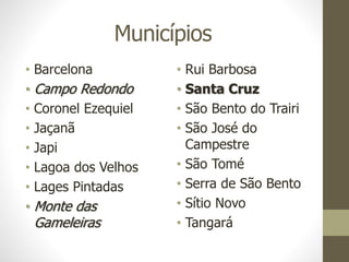 Municípios
• Barcelona
• Campo Redondo
• Coronel Ezequiel
• Jaçanã
• Japi
• Lagoa dos Velhos
• Lages Pintadas
• Monte das
Gameleiras
• Rui Barbosa
• Santa Cruz
• São Bento do Trairi
• São José do
Campestre
• São Tomé
• Serra de São Bento
• Sítio Novo
• Tangará
 