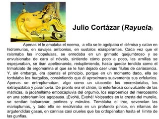 Apenas él le amalaba el noema, a ella se le agolpaba el clémiso y caían en
hidromurias, en savajes ambonios, en sustalos exasperantes. Cada vez que el
ralamaba las incopelusas, se enredaba en un grimado quejumbroso y se
envulsionaba de cara al nóvalo, sintiendo cómo poco a poco, las arnillas se
espejunaban, se iban apeltronando, reduplimiendo, hasta quedar tendido como el
trimalciato de ergomanina al que se le han dejado caer unas fílulas de cariaconcia.
Y, sin embargo, era apenas el principio, porque en un momento dado, ella se
tordulaba los hurgalios, consintiendo que él aproximara suavemente sus orfelunios.
Apenas se entreplumaban, algo como un ulucordio los encrestoriaba, los
extrayuxtaba y paramovía. De pronto era el clinón, la esterfurosa convulcante de las
mátricas, la jadehollante embocapluvia del orgumio, los esproemios del meropasmo
en una sobrehumílica agopausa. ¡Evohé, Evohé! Volpsados en la cresta del murelio,
se sentían balparanar, perlinos y márulos. Temblaba el troc, sevencían las
marioplumas, y todo ello se resolviraba en un profundo pínice, en nilamas de
argutendidas gasas, en carinias casi crueles que los ordopenaban hasta el límite de
las gunfias.
Julio Cortázar (Rayuela)
 