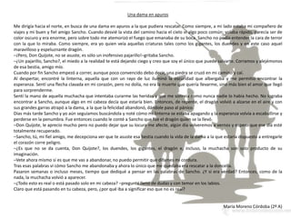 Una dama en apuros
Me dirigía hacia el norte, en busca de una dama en apuros a la que pudiera rescatar. Como siempre, a mi lado estaba mi compañero de
viajes y mi buen y fiel amigo Sancho. Cuando desvié la vista del camino hacia el cielo vi algo poco común; volaba rápido, parecía ser de
color oscuro y era enorme, pero sobre todo me atemorizó el fuego que emanaba de su boca. Sancho no podía entender la cara de terror
con la que lo miraba. Como siempre, era yo quien veía aquellas criaturas tales como los gigantes, los duendes y en este caso aquel
maravilloso y espeluznante dragón.
–¡Pero, Don Quijote, no se asuste, es sólo un inofensivo pajarillo!–gritaba Sancho.
–¿Un pajarillo, Sancho?, el miedo a la realidad te está dejando ciego y creo que soy el único que puede salvarte. Corramos y alejémonos
de esa bestia, amigo mío.
Cuando por fin Sancho empezó a correr, aunque poco convencido debo decir, una piedra se cruzó en mi camino y caí.
Al despertar, encontré la linterna, aquella que con un rayo de luz iluminó la oscuridad que albergaba y me permitió encontrar la
esperanza. Sentí una flecha clavada en mi corazón, pero no dolía, no era la muerte que quería llevarme, sino más bien el amor que llegó
para sorprenderme.
Sentí la mano de aquella muchacha que intentaba curarme las heridas y que me sonreía como nunca nadie lo había hecho. No lograba
encontrar a Sancho, aunque algo en mi cabeza decía que estaría bien. Entonces, de repente, el dragón volvió a alzarse en el aire y con
sus grandes garras atrapó a la dama, a la que la felicidad abandonó, dándole paso al pánico.
Días más tarde Sancho y yo aún seguíamos buscándola y noté cómo mi linterna se estaba apagando y la esperanza volvía a escabullirse y
perderse en la penumbra. Fue entonces cuando le conté a Sancho que fue el dragón quien se la llevó.
–Don Quijote, le aprecio mucho pero no puedo dejar que su locura me afecte, algún día volveremos a vernos y espero que ese día esté
totalmente recuperado.
–Sancho, tú, mi fiel amigo, me decepciona ver que te asuste esa bestia cuando la vida de la dama a la que estaría dispuesto a entregarle
el corazón corre peligro.
–¿Es que no se da cuenta, Don Quijote?, los duendes, los gigantes, el dragón e, incluso, la muchacha son solo producto de su
imaginación.
–Vete ahora mismo si es que me vas a abandonar, no puedo permitir que difames mi cordura.
Tras esas palabras vi cómo Sancho me abandonaba y ahora lo único que me quedaba era rescatar a la doncella.
Pasaron semanas o incluso meses, tiempo que dediqué a pensar en las palabras de Sancho. ¿Y si era verdad? Entonces, como de la
nada, la muchacha volvió a aparecer.
–¿Todo esto es real o está pasado solo en mi cabeza? –pregunté lleno de dudas y con temor en los labios.
Claro que está pasando en tu cabeza, pero, ¿por qué iba a significar eso que no es real?
María Moreno Córdoba (2º A)
 