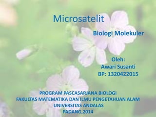 Microsatelit
Oleh:
Awari Susanti
BP: 1320422015
Biologi Molekuler
PROGRAM PASCASARJANA BIOLOGI
FAKULTAS MATEMATIKA DAN ILMU PENGETAHUAN ALAM
UNIVERSITAS ANDALAS
PADANG,2014
 