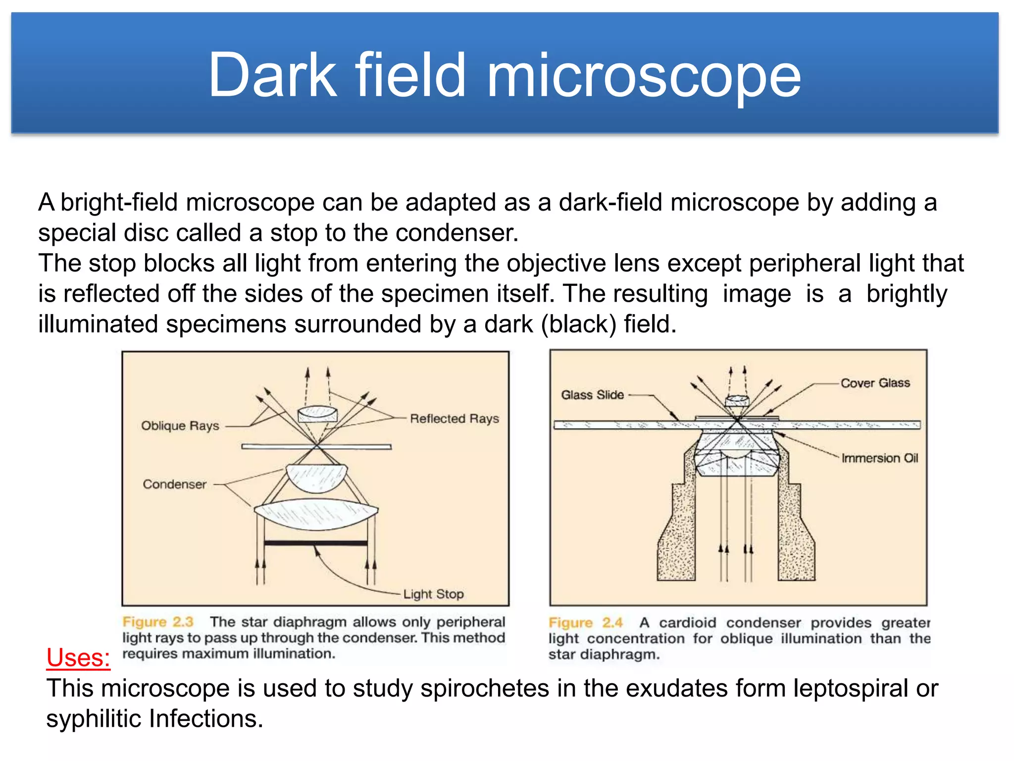 Dark field microscope
A bright-ﬁeld microscope can be adapted as a dark-ﬁeld microscope by adding a
special disc called a stop to the condenser.
The stop blocks all light from entering the objective lens except peripheral light that
is reﬂected off the sides of the specimen itself. The resulting image is a brightly
illuminated specimens surrounded by a dark (black) ﬁeld.




Uses:
This microscope is used to study spirochetes in the exudates form leptospiral or
syphilitic Infections.
 