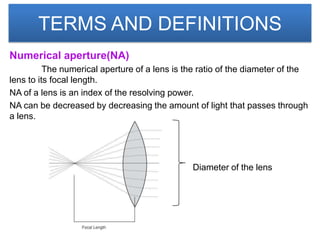 TERMS AND DEFINITIONS
Numerical aperture(NA)
          The numerical aperture of a lens is the ratio of the diameter of the
lens to its focal length.
NA of a lens is an index of the resolving power.
NA can be decreased by decreasing the amount of light that passes through
a lens.




                                               Diameter of the lens
 
