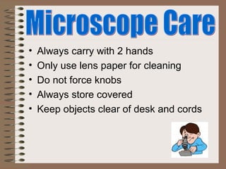 •   Always carry with 2 hands
•   Only use lens paper for cleaning
•   Do not force knobs
•   Always store covered
•   Keep objects clear of desk and cords
 