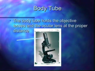 Body Tube

• The body tube holds the objective
  lenses and the ocular lens at the proper
  distance
 