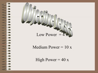 Low Power = 4 x
Medium Power = 10 x
High Power = 40 x

 