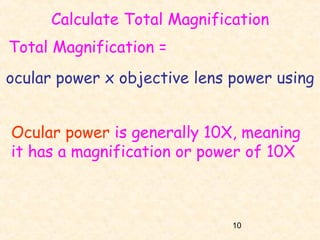 Calculate Total Magnification
Total Magnification =
ocular power x objective lens power using
Ocular power is generally 10X, meaning
it has a magnification or power of 10X

10

 