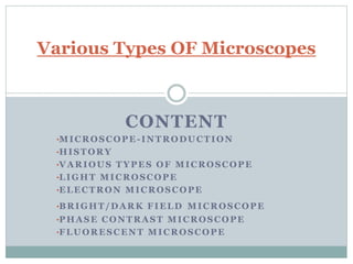 CONTENT
•MICROSCOPE-INTRODUCTION
•HISTORY
•VARIOUS TYPES OF MICROSCOPE
•LIGHT MICROSCOPE
•ELECTRON MICROSCOPE
•BRIGHT/DARK FIELD MICROSCOPE
•PHASE CONTRAST MICROSCOPE
•FLUORESCENT MICROSCOPE
Various Types OF Microscopes
 