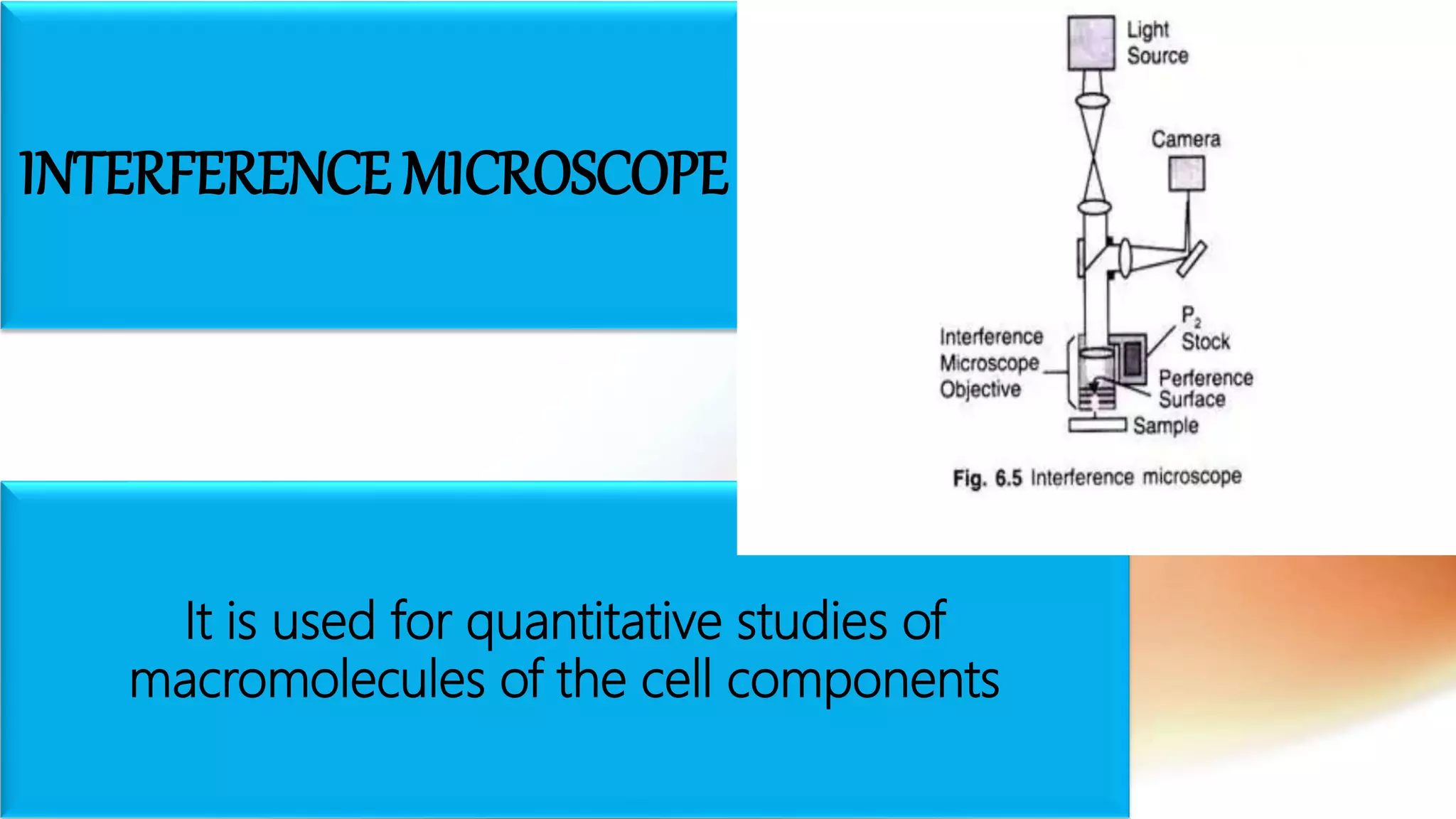 INTERFERENCE MICROSCOPE
It is used for quantitative studies of
macromolecules of the cell components