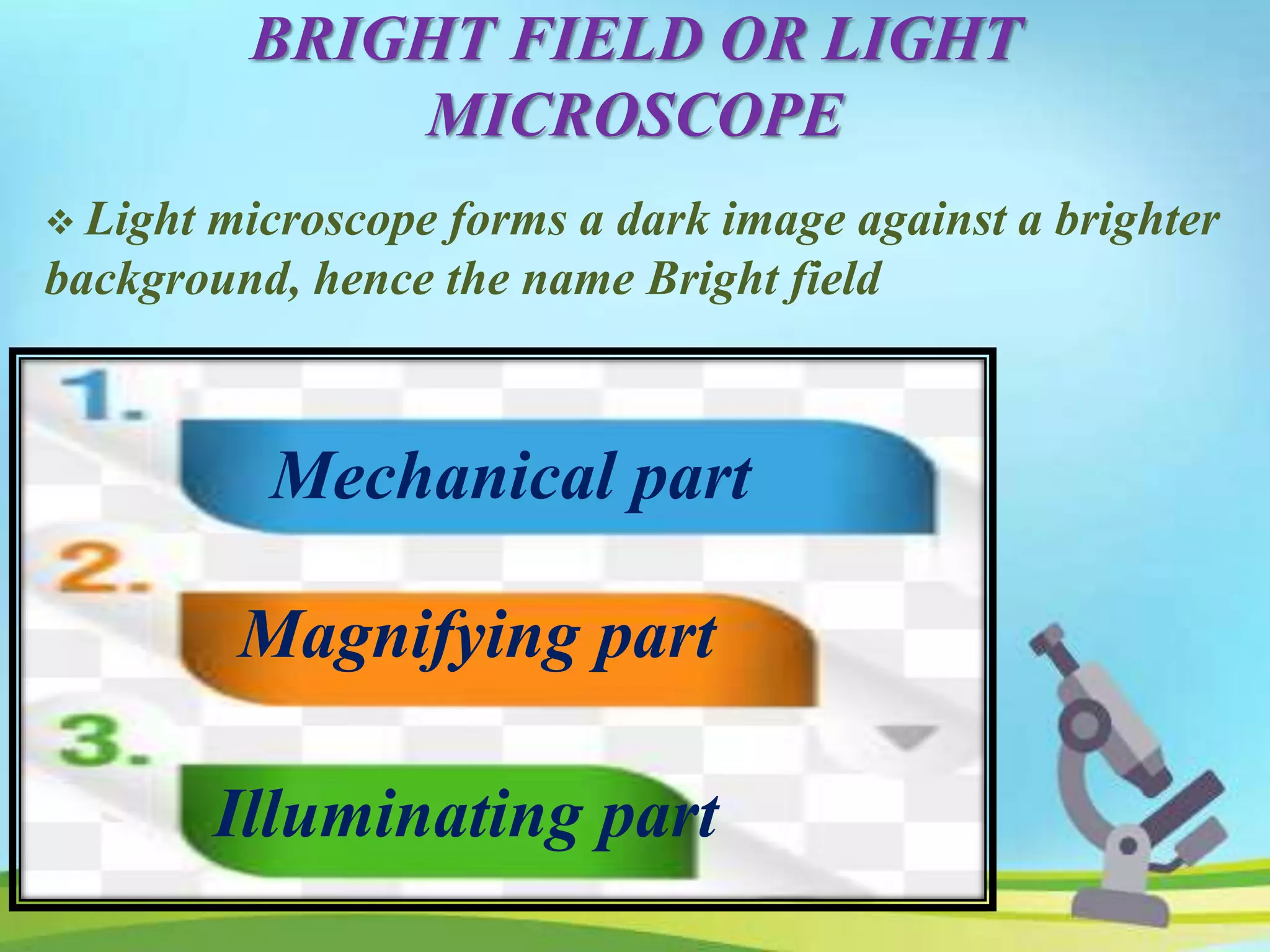 BRIGHT FIELD OR LIGHT
MICROSCOPE
 Light microscope forms a dark image against a brighter
background, hence the name Bright field
Mechanical part
Magnifying part
Illuminating part
 