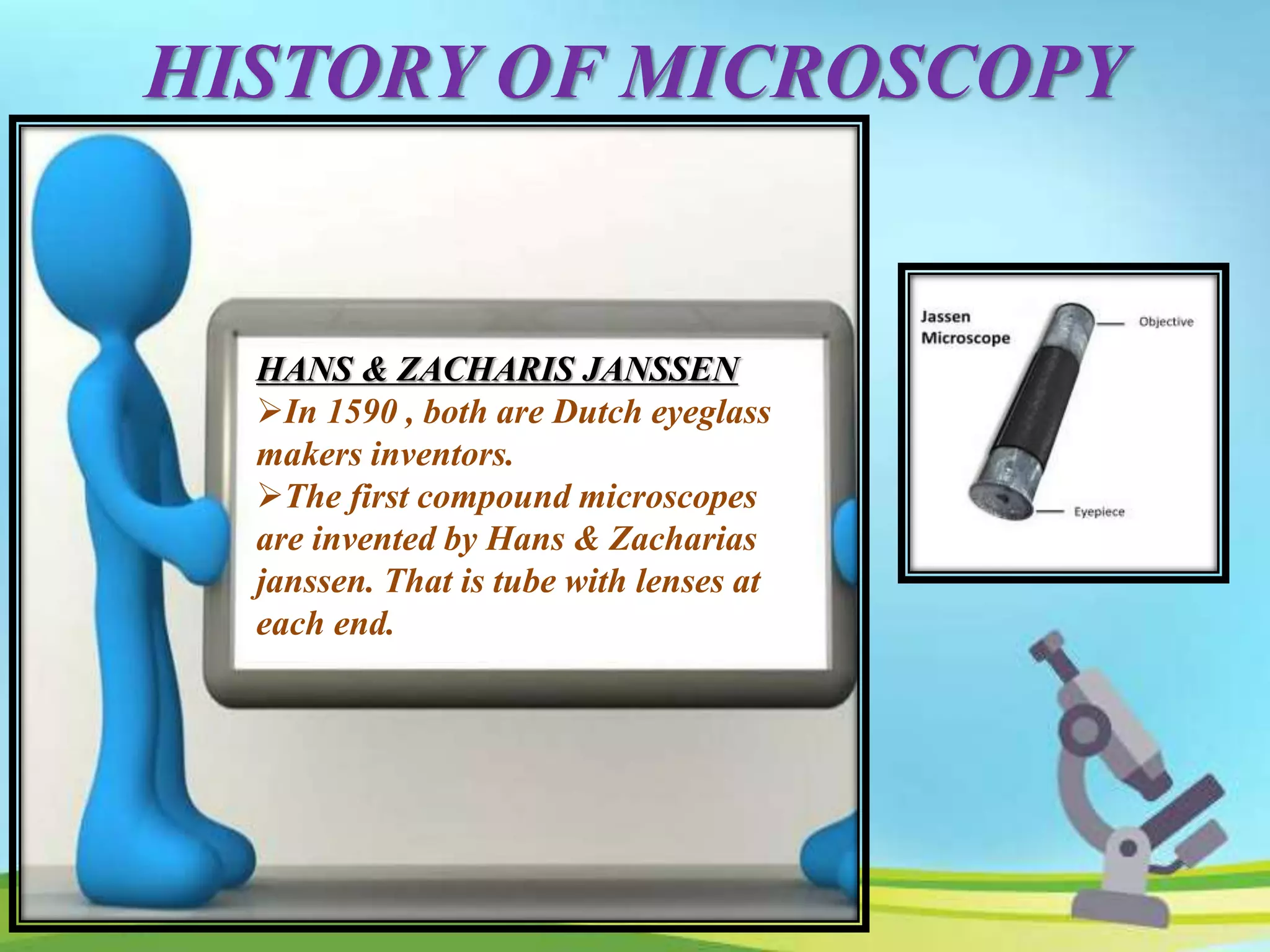 HISTORY OF MICROSCOPY
HANS & ZACHARIS JANSSEN
In 1590 , both are Dutch eyeglass
makers inventors.
The first compound microscopes
are invented by Hans & Zacharias
janssen. That is tube with lenses at
each end.
 