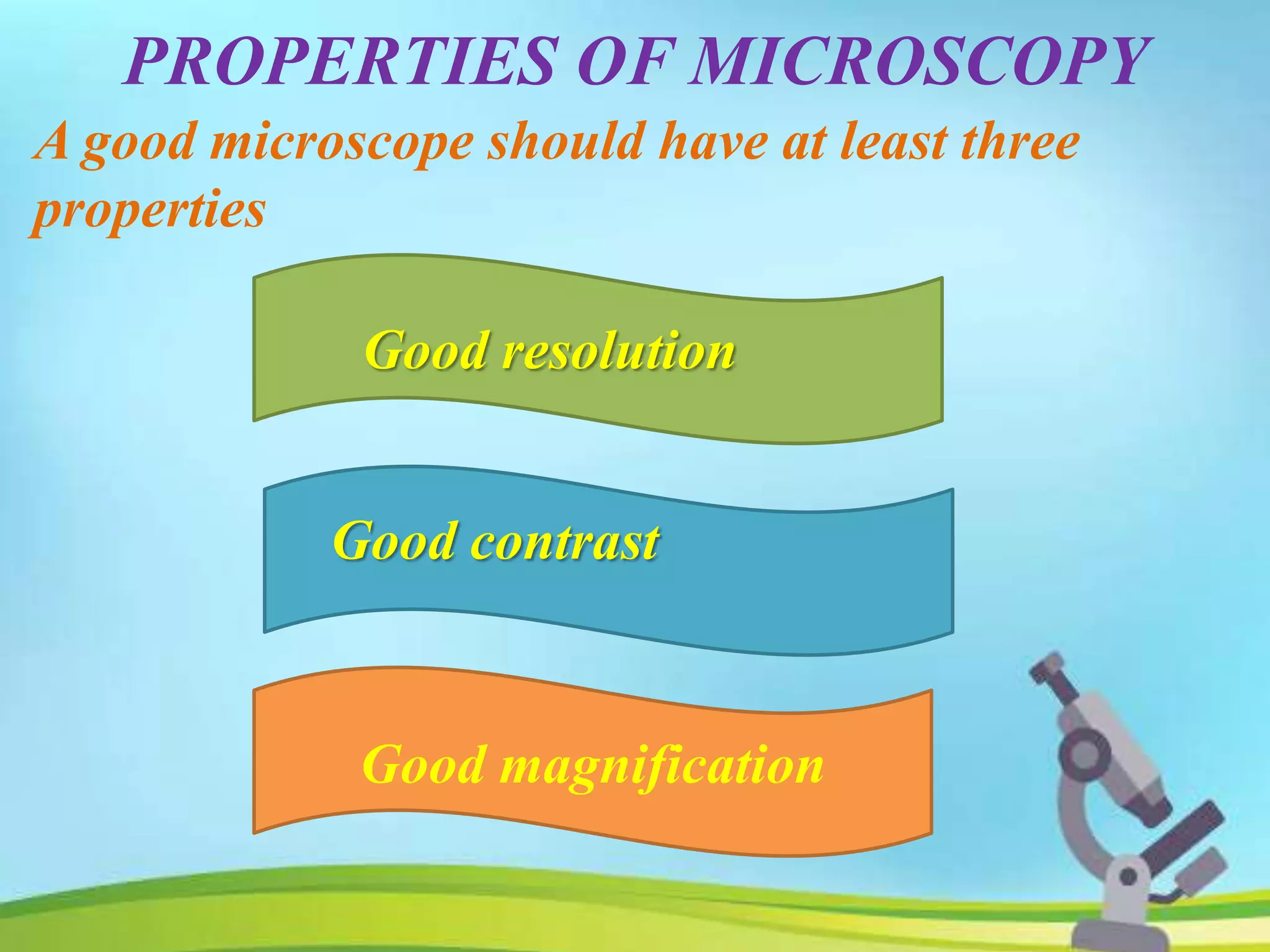PROPERTIES OF MICROSCOPY
Good magnification
A good microscope should have at least three
properties
Good resolution
Good contrast
 