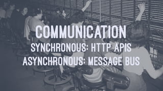COMMUNICATION
SYNCHRONOUS: HTTP APIS
ASYNCHRONOUS: MESSAGE BUS
 
