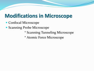 Modifications in Microscope
 Confocal Microscope
 Scanning Probe Microscope
* Scanning Tunneling Microscope
* Atomic Force Microscope
 