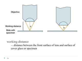 working distance
— distance between the front surface of lens and surface of
cover glass or specimen
16
 