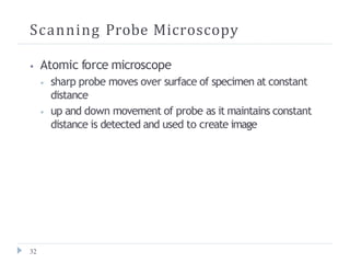 Scanning Probe Microscopy
32
⦁ Atomic force microscope
⦁ sharp probe moves over surface of specimen at constant
distance
⦁ up and down movement of probe as it maintains constant
distance is detected and used to create image
 