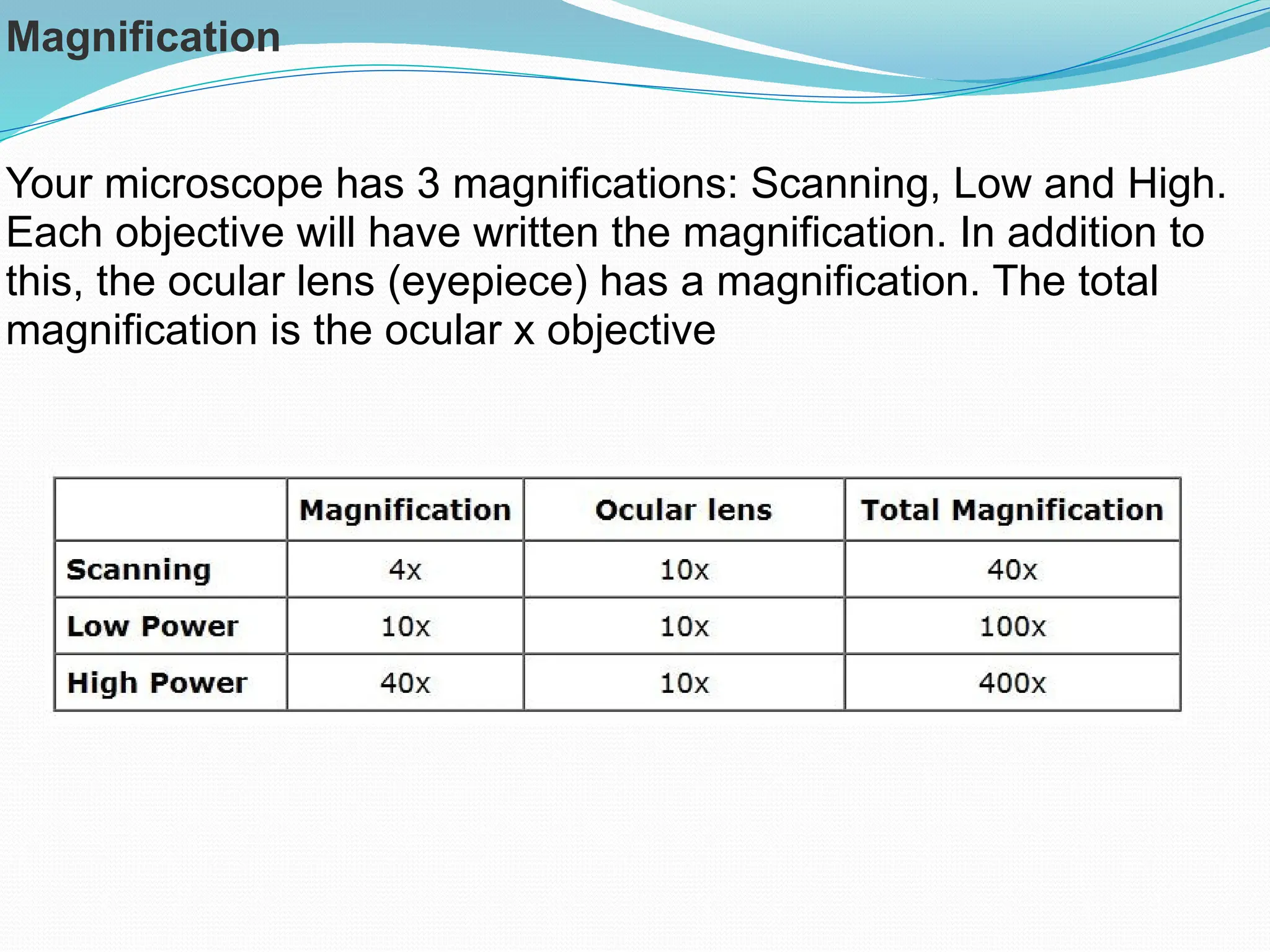 Magnification
Your microscope has 3 magnifications: Scanning, Low and High.
Each objective will have written the magnification. In addition to
this, the ocular lens (eyepiece) has a magnification. The total
magnification is the ocular x objective
 