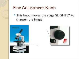 Fine Adjustment Knob
 This knob moves the stage SLIGHTLY to
sharpen the image
 