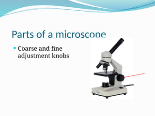 Parts of a microscope
 Coarse and fine
adjustment knobs
 