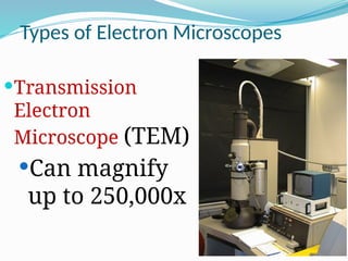 Types of Electron Microscopes
Transmission
Electron
Microscope (TEM)
Can magnify
up to 250,000x
 