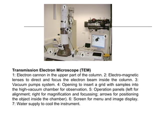Transmission Electron Microscope (TEM)
1: Electron cannon in the upper part of the column. 2: Electro-magnetic
lenses to direct and focus the electron beam inside the column. 3:
Vacuum pumps system. 4: Opening to insert a grid with samples into
the high-vacuum chamber for observation. 5: Operation panels (left for
alignment; right for magnification and focussing; arrows for positioning
the object inside the chamber). 6: Screen for menu and image display.
7: Water supply to cool the instrument.
 