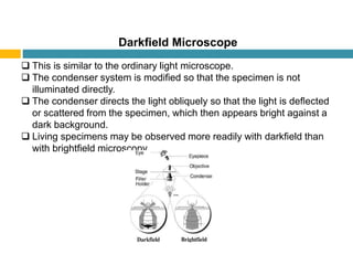 Darkﬁeld Microscope
 This is similar to the ordinary light microscope.
 The condenser system is modiﬁed so that the specimen is not
illuminated directly.
 The condenser directs the light obliquely so that the light is deﬂected
or scattered from the specimen, which then appears bright against a
dark background.
 Living specimens may be observed more readily with darkﬁeld than
with brightﬁeld microscopy.
 